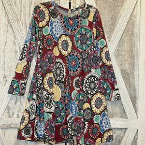 Youth Maroon Geometric Print Long-Sleeve Dress